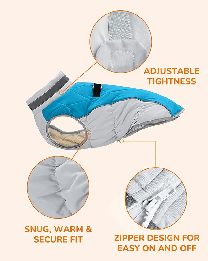 Dog Winter Coat for Large Dogs, Adjustable Puppy Warm Jackets in Cold Weather, Reflective Pet Fleece Vest with External Attachment Points, ZippeBlue Cold-Weather Dog Winter Clothes, L Blue