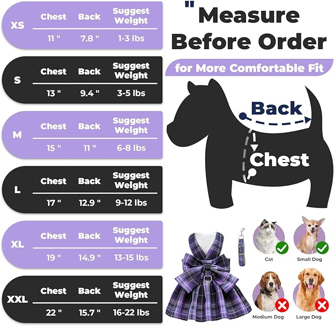 PETCARE Plaid Dog Dress Bow Tie Harness Leash Set for Small Dogs Cats Girl Cute Princess Dog Dresses Spring Summer Puppy Bunny Rabbit Clothes Chihuahua Yorkies Pet Outfits