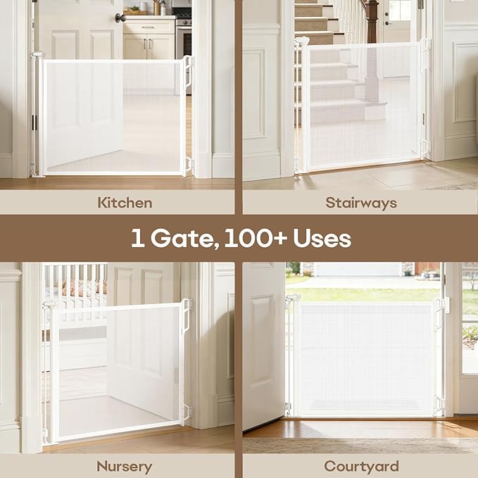 Retractable Safety Baby Gate or Mesh Dog Gate,Durable Portable Mesh Retractable Gate,Easy to Use for Stairs, Doorways, Hallways, Indoor, Outdoor, 33.5" Tall, Extends to 55" Wide,White