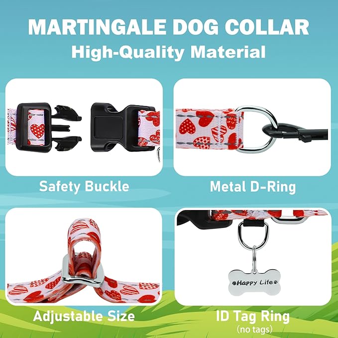 Valentines Reflective Martingale Collar for Dogs with Quick Release Buckle Cute Girl No Pull Dog Collars (Red Heart, XSmall)