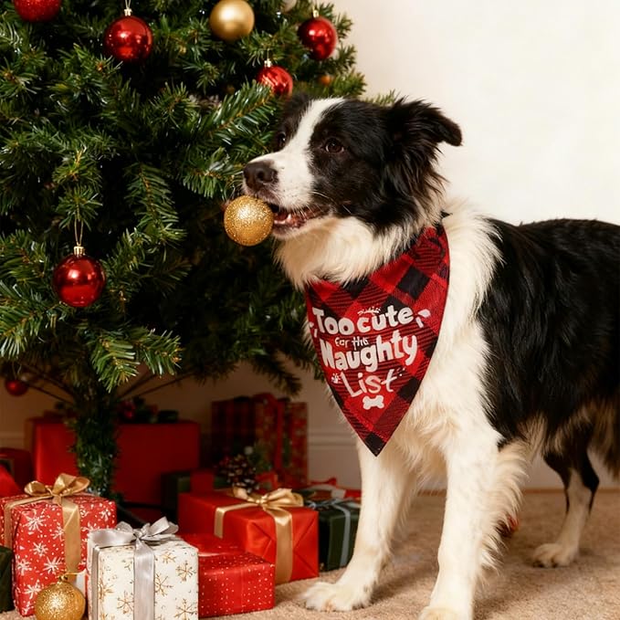 Christmas Dog Bandanas -Too Cute for the Naughty List, Funny Holiday Stocking Pet Scarf Gifts, Red Plaid, Small & Medium Breed, 5-25lbs