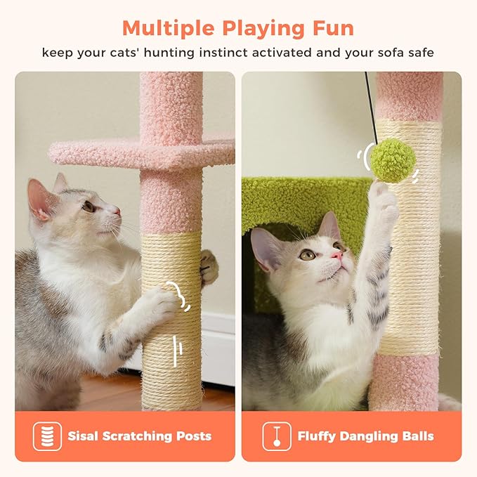 PEQULTI 53" Cat Tree for Indoor Cats, Multi-Level Cat Tower with Cozy Cat Condo Clearance Prime, Pink