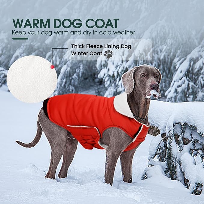 Kuoser Dog Coat Small, Cold Weather Reflective Waterproof Dogs Jacket with Warm Fleece Lining, Turtleneck Dog Winter Coat with Zipper, Doggy Snow Jacket Pet Coats for Small Medium Large Dogs, Red S