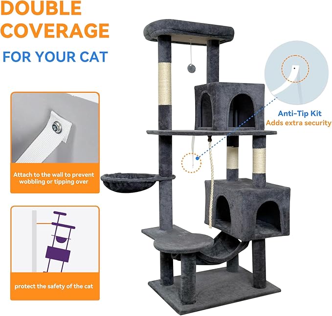 58" cat Tree Tall, Large Multi-Level Cat Condo with Sisal Leaf Scratching Posts, Sturdy Construction Easy Assembly, Indoor Pet Furniture,Gray