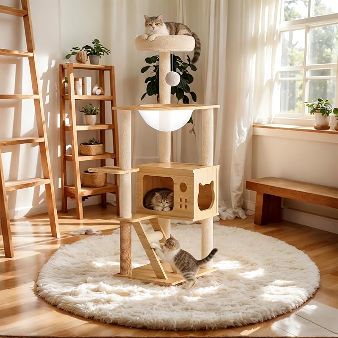 48.8" Wooden Cat Tree for Indoor Cats, Multi-Level Cat Tower with Space Capsule, Acrylic Hammock, Sisal Scratching Posts & Ladder, Large Cat Condo for Small and Large Cats