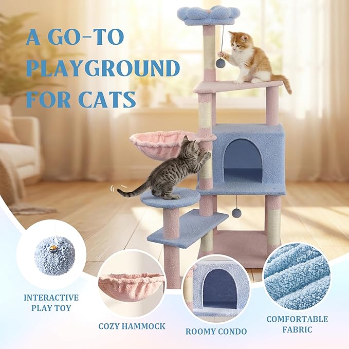 Flower Cat Tree with Large Condo, Removable Flower Cushion and Hammock, Multi-Level Cat Tower with Hanging Basket, Cat Cave, Scratching Posts,Cat Furniture for Indoor Cats, Perfect for Multiple Cats