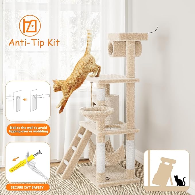 55 Inch Multi-Level Cat Tree Tower with Condo, Plush Perches, Scratching Posts, Hammocks, and Play House, Beige