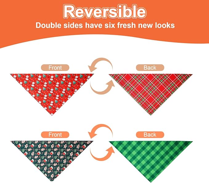 Christmas Dog Bandanas Large 2PCS, 4 Pattern Holiday Plaid Scarf for Boy and Girl, Triangle Reversible Bibs Breed for Puppy Pets
