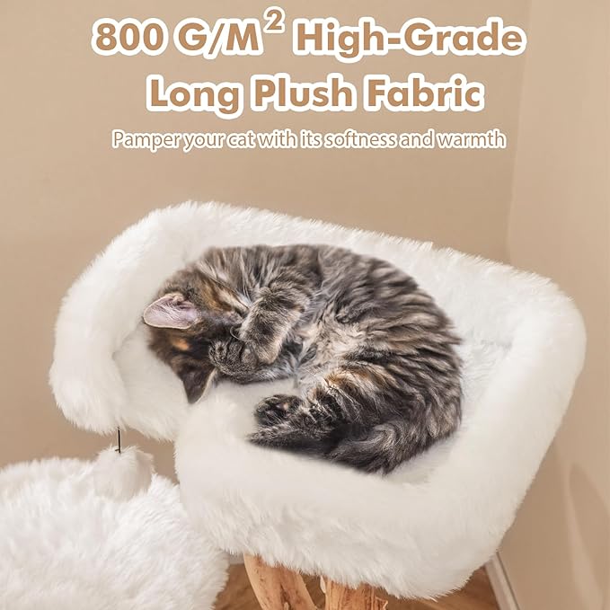 Tangkula Solid Wood Cat Tree, Modern Wooden Cat Tower with Perch, Jute Scratching Posts, Dangling Ball, Soft Long Plush, Luxury Cat Condo, Natural Branch Cute Cat Tree for Indoor Cats