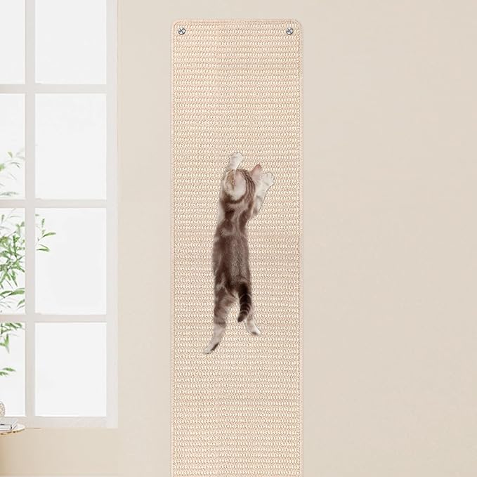 FHTONGE 71x15.8 Thickened Cat Wall Climbing Carpet with 16 Fixed Nails, Extra Large Tall Cat Scratch Pad for Wall, Wall Mounted Climbing Cat Scratcher for Furniture Couch Sofa Protector(Oat Color)