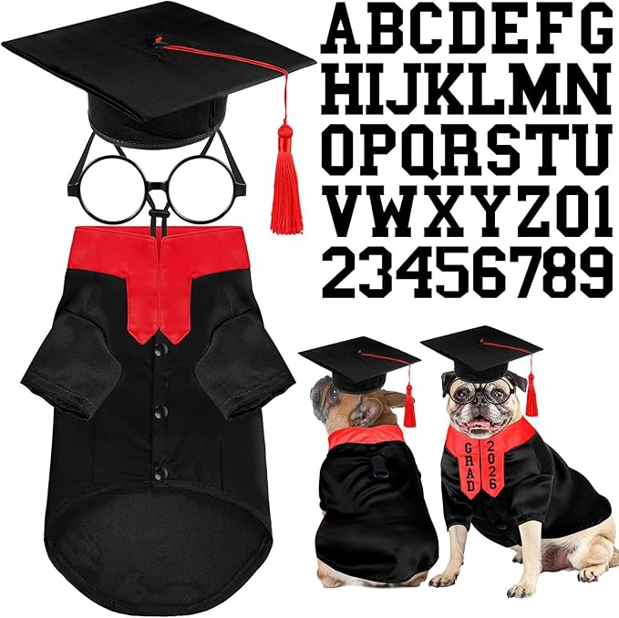 5 Pcs Dog Graduation Costume Set Include 2026 Pet Graduation Gown with Stole Puppy Grad Cap Lensless Glasses DIY Letter Stickers for Dogs Cats Holiday Costume Accessory(Black Red,M)