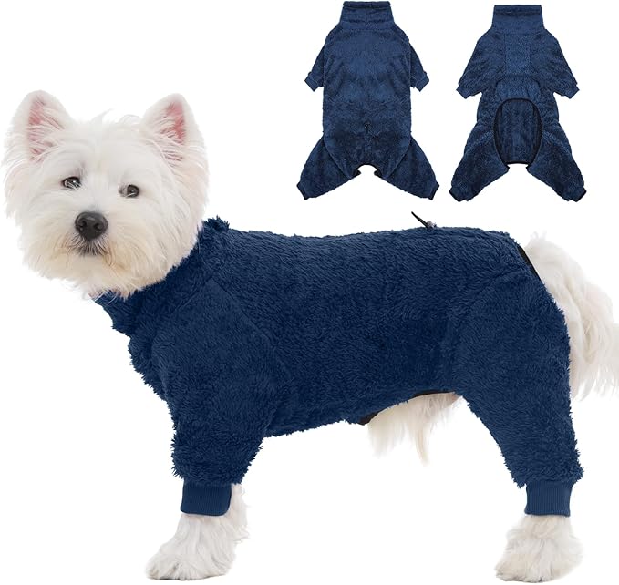 ROZKITCH Warm Dog Sweaters for Small Dogs, Winter Four Leggged Dog Pajamas Sized Boy Girl Fleece Pet Clothes Outfit 4 Legs Jumpsuits for Chihuahua Blue XS