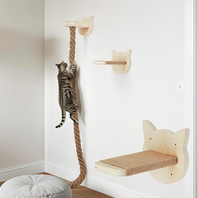 Weysat Cat Tree with 2 x 59.1 Inch Climbing Rope Wall Mounted Cat Climbing Tower Toy with Scratching Post Kitten Rope Ladder with Jumping Platform Wall Steps for Playing and Rest (Wood,Kitten Head)