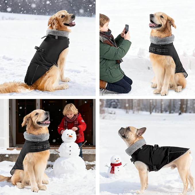 Mihachi Dog Coat for Large Dogs, Warm Dog Winter Coat Waterproof Dogs Jacket with Harness Built in Reflective Pet Fleece Vest, Puppy Cold Weather Coats Turtleneck & Windproof Pet Snowsuit, Black XXL