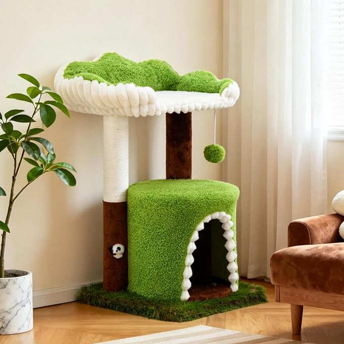 Multi-Level Cat Tree with Sisal Scratching Post, Small Cat Tower with Cozy Condo, Soft Top Perch and Interactive Toy Mouse, Cute Forest Design Cat Furniture for Indoor Cats and Kittens