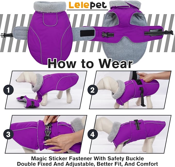 Lelepet Warm Dog Winter Coats for Large Dogs Waterproof Dog Jacket Reflective Pet Fleece Vest Windproof Cold Weather Coats with Adjustable Buckle & Leash Hole, Purple, XL