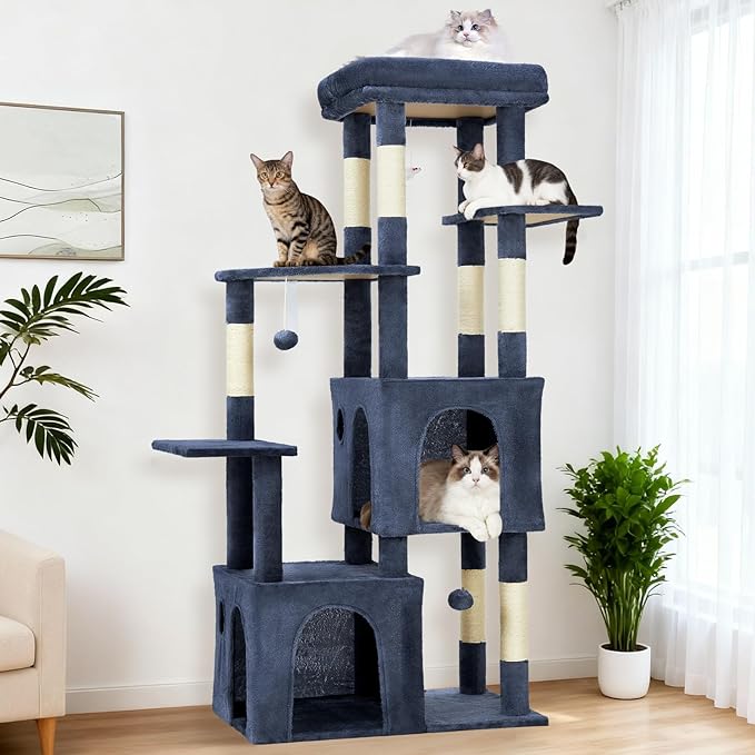Blue 61" Heavy Duty Cat Tree for Large Indoor Cats & Maine Coon, Fresh Multi-Level Cat Tower with Extra Large Perch, 2 Spacious Condos, Natural Sisal Scratching Posts & Interactive Toys