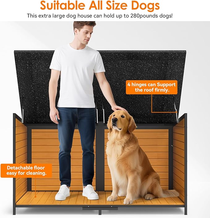 59" Dog House for Outdoor, Extra Large Dog House with Weatherproof Roof, Easy to Install, Anti-Chewing Metal Frame Design for Small Medium Large Breeds Dogs(Brown)