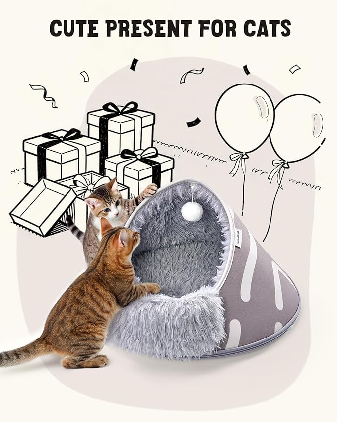 BurgeonNest 20-Inch Round Cat Bed Cave, Enclosed Hooded Pet House for Indoor Kittens, Anti-Collapse EVA Shell with Cord Access for Heating Pad, Washable Soft Plush, Grey