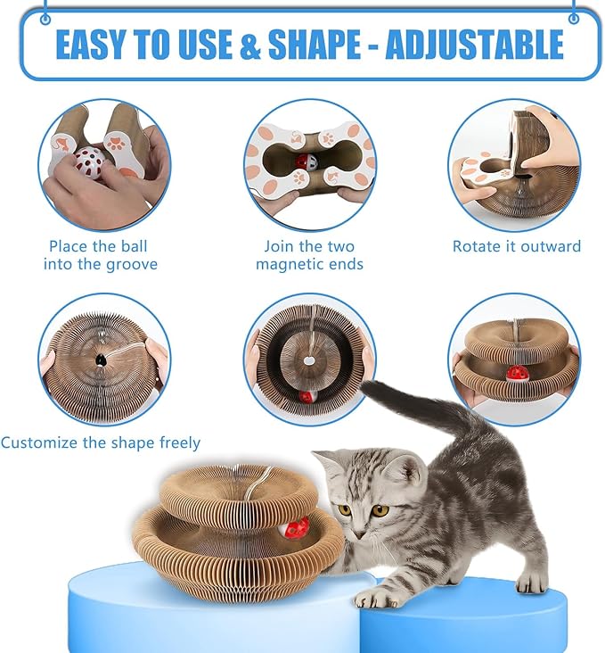 2 Pack Kitty Kurls Cat Scratcher, Magic Organ Cat Toy Scratching Board with Bell Balls, Reversible Corrugated Cardboard for Pet Claw Care