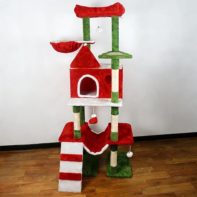 63" Large Christmas Cat Tree Tower Indoor: Tall Modern Cute Heavy Duty Cat Condo House with Scratching Post & Hammock for Maine Coon