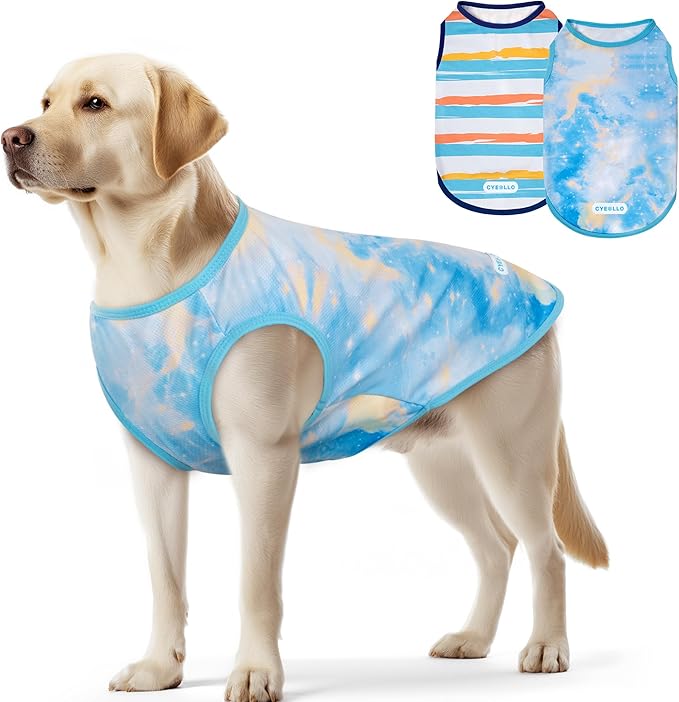 cyeollo 2pack Dog Cooling Shirt, Breathable Sleeveless Summer Clothes for Dogs, Intant Cool Dog T Shirts for Medium Large Dogs, Blue Sky 2XL