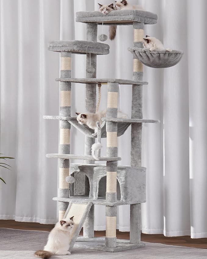 Heybly Tall Cat Tree, 78-inch Multi-Level Cat Tower for Indoor Cats, 2 Widened Plush Perches Cat Condo with Scratching Board and Big Caves, Light Gray HCT033W