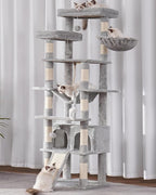 Heybly Tall Cat Tree, 78-inch Multi-Level Cat Tower for Indoor Cats, 2 Widened Plush Perches Cat Condo with Scratching Board and Big Caves, Light Gray HCT033W