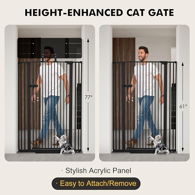 Snagle Paw Extra Tall Cat Gate with Acrylic Top Panel，30-40.6" Wide Adjustable Pet Gates, Pressure Mounted, No-Drill Easy Install,Tall Cat Gate for Doorways,Stairs,Kitchen 77"