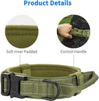 Reflective Tactical Dog Collar Adjustable for Training and Service K9 Dog Collar with Military Nylon Heavy Duty Metal Buckle and Control Handle for Medium and Large Dogs,1.5" Width Green L