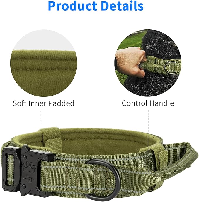 Reflective Tactical Dog Collar Adjustable for Training and Service K9 Dog Collar with Military Nylon Heavy Duty Metal Buckle and Control Handle for Medium and Large Dogs,1.5" Width Green L