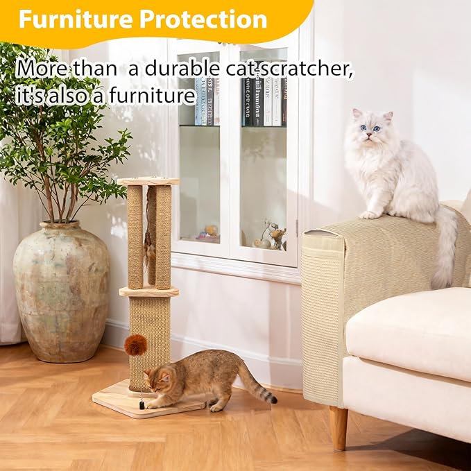 Sisal Cat Scratcher with Perch,26.5inch Wooden Cat Scratch Post,3 in 1 Scratching Cat Platform with Sisal Pad and Interactive Toy for Indoor Cats Use,Easy Assemble