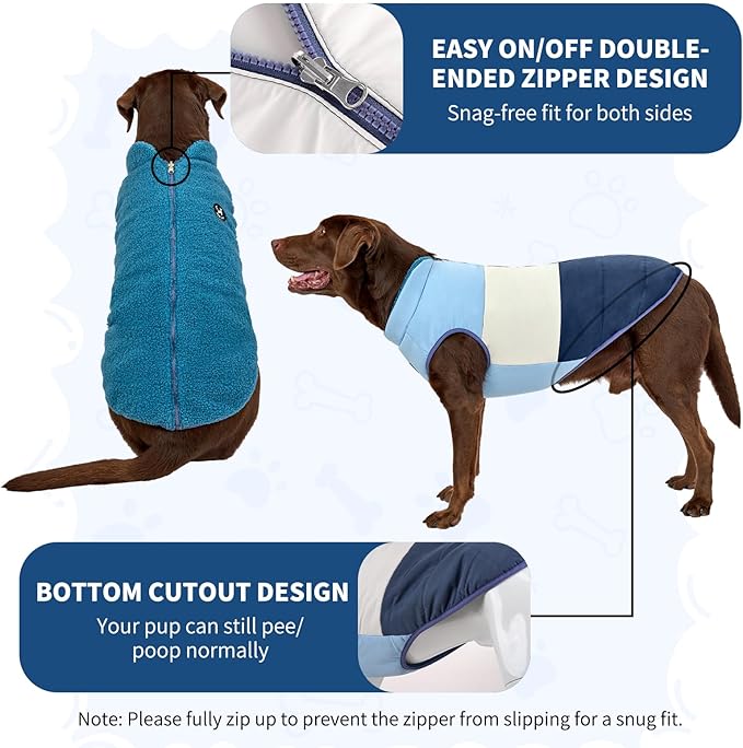 Reversible Dog Winter Coat, Waterproof Warm Fleece Sweater Windproof Lightweight Pet Snow Jacket for Medium Large Dogs with Double Ended Zipper, Cold Weather Dog Coat,Blue,XXL