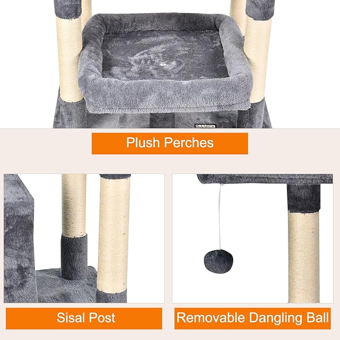 66-in Heavy-Duty Cat Tree for Large Cats, Multi-Level Tower with Sisal Scratching Posts, Plush Perch, Hammock & Condo Anti-Tip Design