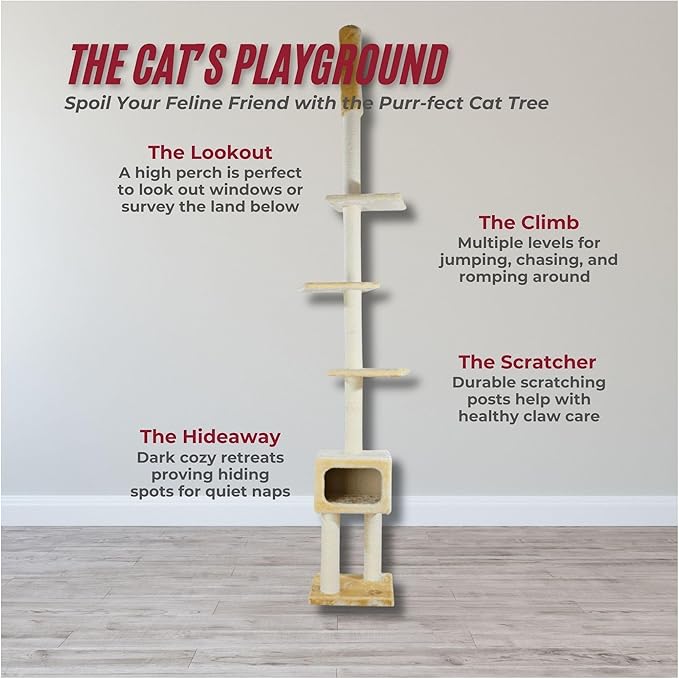 Trixie Santander Floor to Ceiling Cat Tower, Adjustable 96"-108" Height Sisal Cat Scratcher, Cat Condo, Platforms