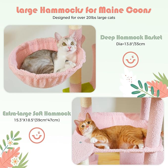 PETEPELA 69" Tall Cat Tree for Indoor Large Cats, Cat Tower for Adult Cats with Big Hammock, Cat Climbing Tree Tower with Scratching Posts, Condo House and Large Top Perch, Pink Green