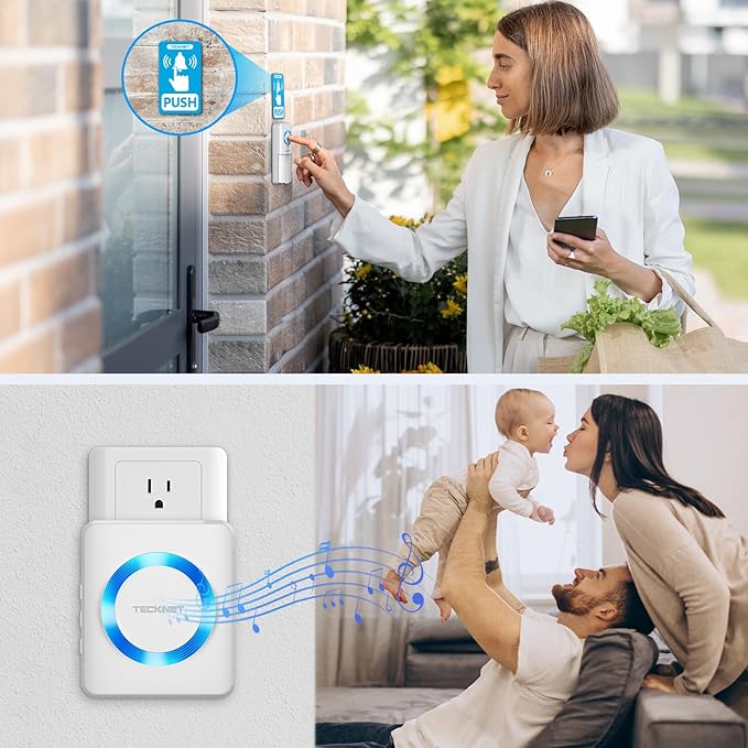 TECKNET Wireless Doorbell, Door Bell 0-120dB, Plug-In Doorbells 1300ft Range, Classroom Doorbell IP65 Waterproof, 60 Chimes & 5 Volume Levels, LED Light for Home Kids Classroom Hearing Impaired, white