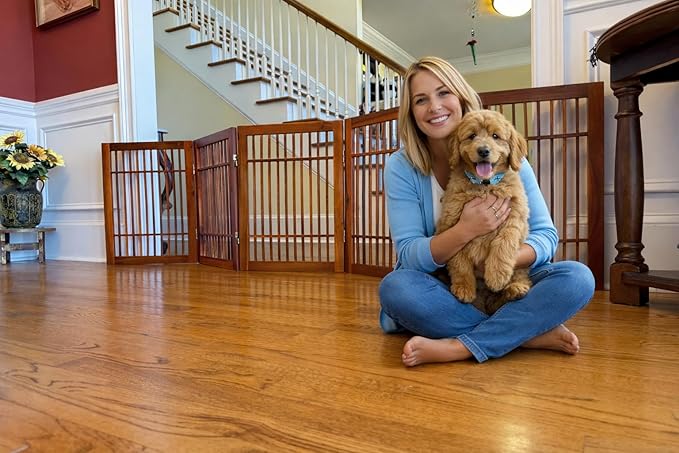 Urnporium Pet Dog Gate Freestanding, Strong Durable Folding Wooden Fence, Portable Acacia Hardwood Safety Barrier for Indoor & Outdoor Use (Brown Pet Gate, 5 Panel 24" Tall)