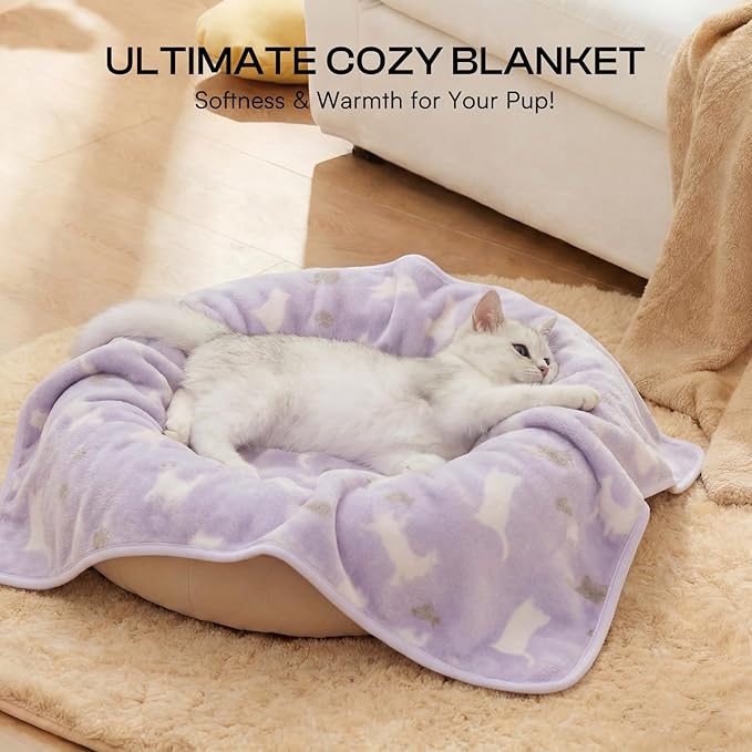 Luciphia 1 Pack 3 Cat Printed Fleece Pet Blankets Washable，Soft Warm Throw Covers for Crate Couch Bed，Cozy Puppy Essentials for Dogs and Cats，Purple/Grey/Khaki, Small (23x16 inch)