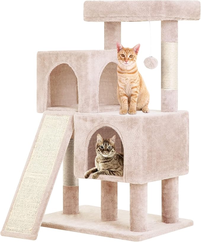 BestPet 36 inches Cat Tree for Indoor Cats Cat Tower with Scratching Posts Multi-Level Cat Furniture Condo with Ramp, Perch Spacious Cat Cave & Funny Toys for Kittens House,Beige