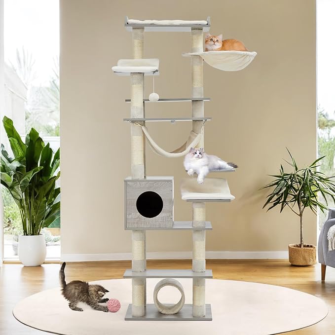 GarveeHome 67 in Cat Tree for Large Cats, Features Scratching Post, Cat Condo, Platforms, Tunnel, Hammock, Food Station & Bowls – Ideal for Indoor Cats, Retro Light Gray