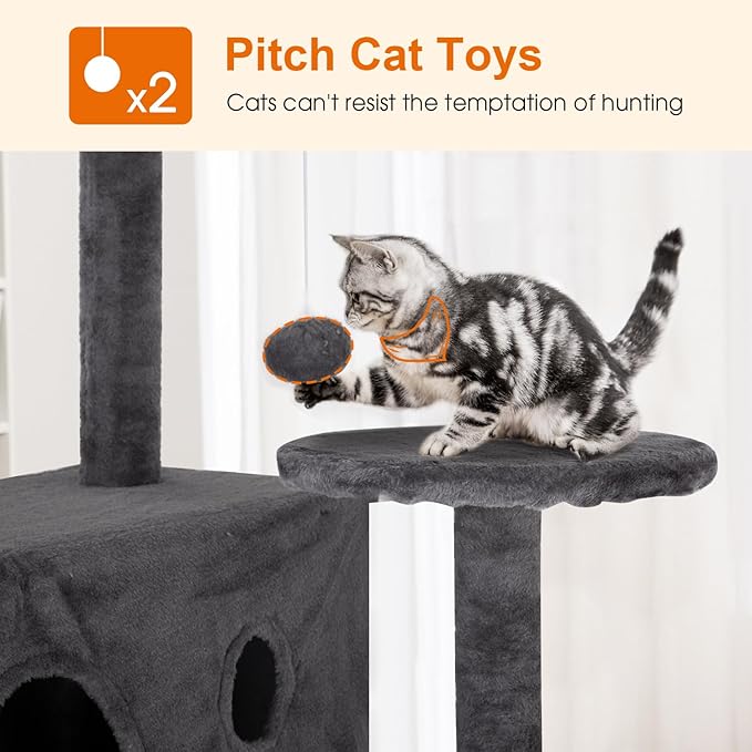 Cat Tree 69.3 inches Cat Tower for Indoor Cats Cat House with Replaceable and Removable Dangling Ball Cat Trees and Towers with Funny Toys, Light Gray