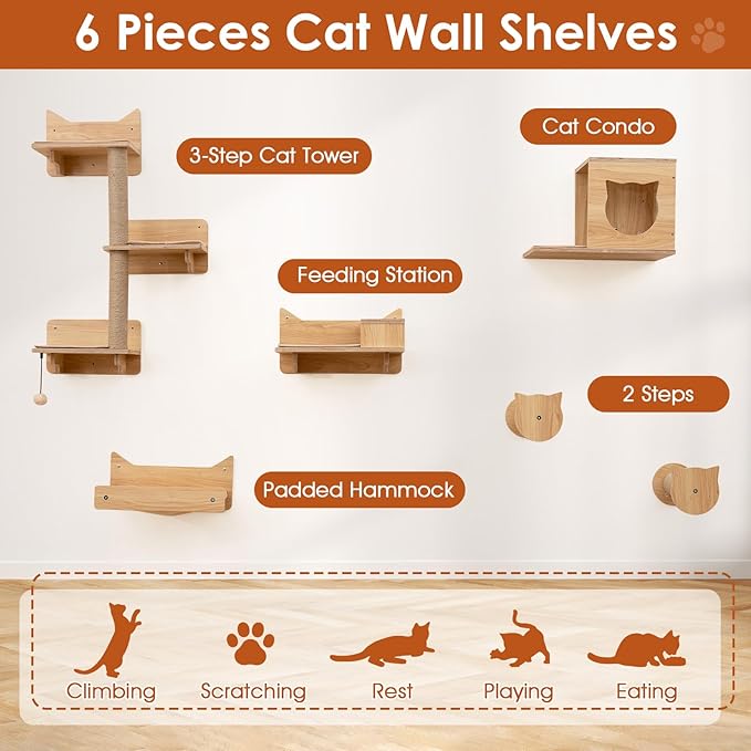 Tangkula Cat Wall Shelves, 6 Pieces Wooden Wall Mounted Kitten Furniture Set with Hammock, Food Water Bowl, 3-Step Cat Tree, Platforms, Scratching Posts & Hanging Toy, Cat Climber Steps (Natural)