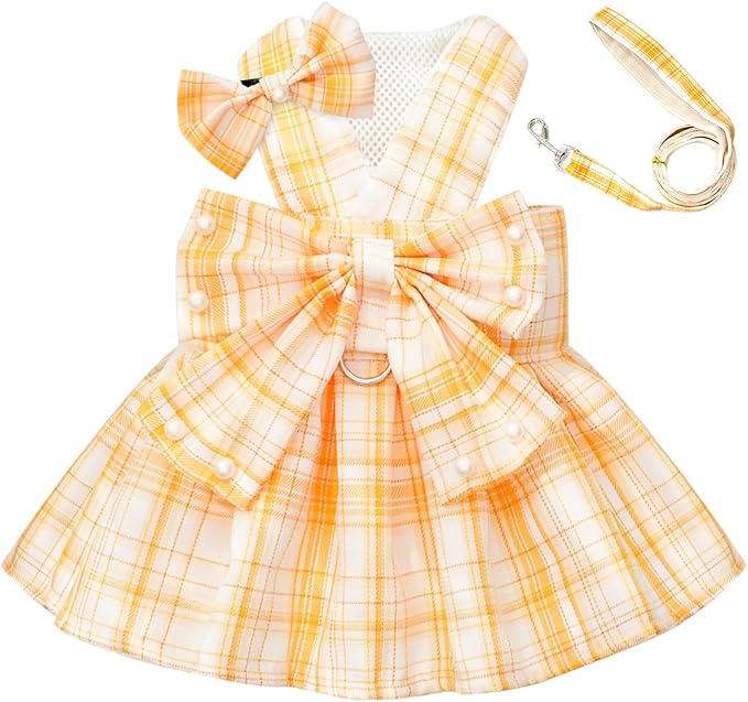 PETCARE Cute Dog Dress Clothes for Small Dogs Cats Girl Female Yellow Plaid Bow Tie Dog Harness Dresses Leash Set with Pearls Bow Accessories Birthday Puppy Dress Shih Tzu Yorkies Chihuahua Outfits
