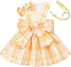 PETCARE Cute Dog Dress Clothes for Small Dogs Cats Girl Female Yellow Plaid Bow Tie Dog Harness Dresses Leash Set with Pearls Bow Accessories Birthday Puppy Dress Shih Tzu Yorkies Chihuahua Outfits