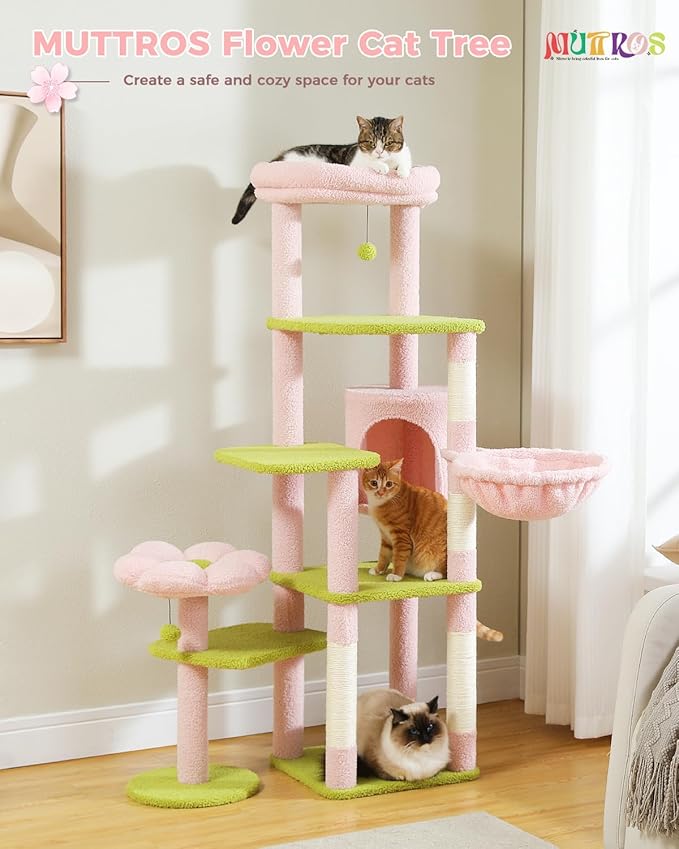59" Flower Cat Tree for Large Cat, Multi-Level Tower, Cute Cat Tower for Indoor Cats, Cat Condo with Large Hammock, Scratching Post, and 2 Perches, Pink