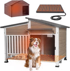 Heated Dog House for Outdoor Use with Matel Frame, Waterproof Design & Heating Blanket - All-Weather Wooden Kennel with Sliding Window & Metal Frame (Brown-1-H, L)