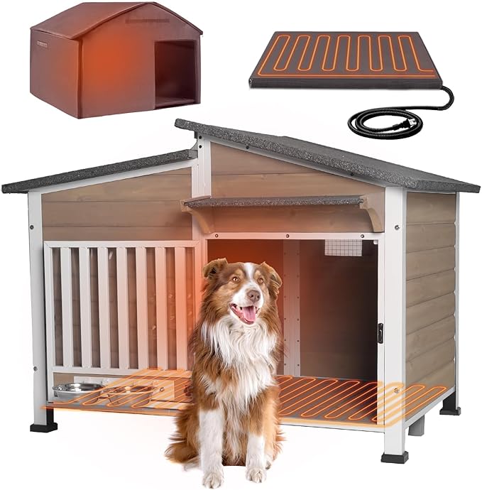Heated Dog House for Outdoor Use with Matel Frame, Waterproof Design & Heating Blanket - All-Weather Wooden Kennel with Sliding Window & Metal Frame (Brown-1-H, L)