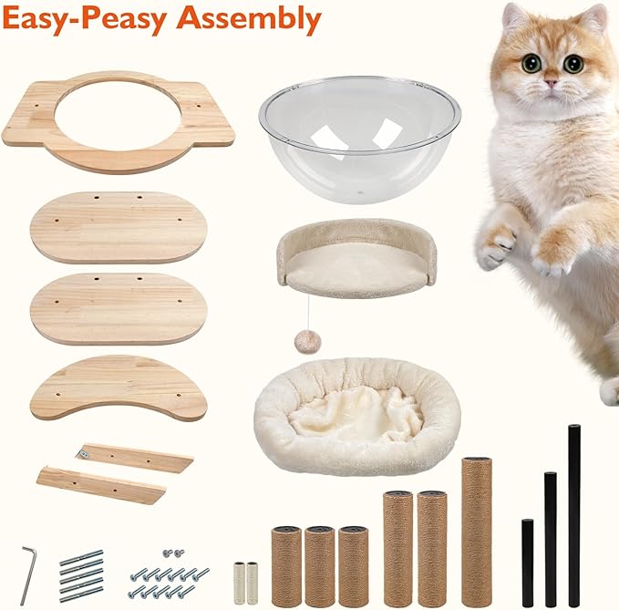 Solid Wood Cat Tree, 40" Tall Wooden Tower for Cats with Scratching Posts, Plush Perch, Large Space Capsule, Platforms, Removable Pads Heavy-Duty Indoor Cat Furniture Toys (Natural)