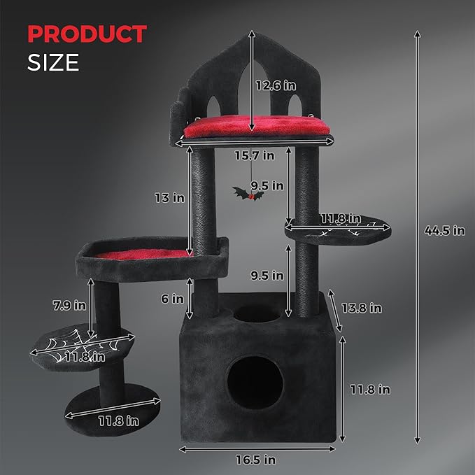 Montary 44.5" Gothic Multi-Level Cat Tree Tower, Featuring A Removable Cushion, Hammock, Cozy Cat Nest, Interactive Toy, Soft Fabric, Black